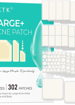 TKTK Large Pimple Patches for Face, 7 Sizes XL Acne Patches, Big Hydrocolloid Bandages for Body, Chin, Forehead, Chest, Back Zit Breakouts, Hydrocolloid Patch (Strip, Square, Dot 302 Count)
