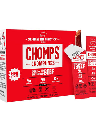 Chomps Snack Size Grass-Fed Original Beef Jerky Snack Sticks 0.5oz 24-Pack - Keto, Paleo, Whole30, 4g Lean Meat Protein, Gluten-Free, Zero Sugar Food, Non-GMO Chomplings
