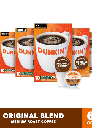 Dunkin' Original Blend Medium Roast Coffee, Keurig K-Cup Pods, 60 Count | 6 boxes of 10 single serve coffee pods each, Rich & smooth flavor, Made with arabica coffee, Shelf stable, SNAP EBT eligible