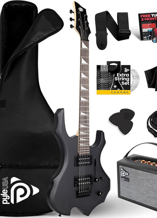 Pyle Heavy Metal EG Fire Electric Guitar Axe w/ Amplifier Kit, Full Size Instrument w/ Practice Amp & Accessories, Metal Axe, Black