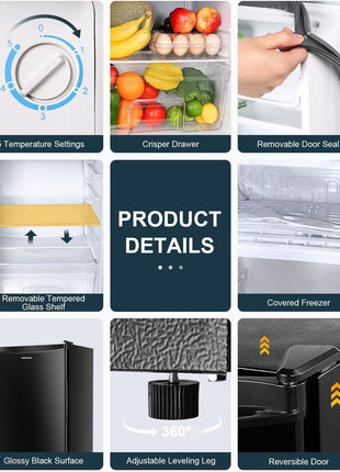 Upstreman 3.2 Cu.Ft Mini Fridge with Freezer, Quiet Efficient Small Fridge, Compact Refrigerator with Adjustable Thermostat, for Dorm, Bedroom, Office, Black-BR321