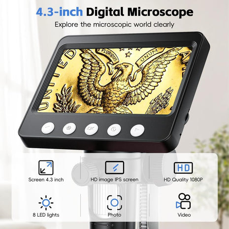 4.3" Digital Microscope for Adults, SKYEAR Coin Microscope 1000X Magnification with 8 Ajustable LED Fill Lights, USB Microscope for Windows/MacOS, Coin Collection Supplies-Black