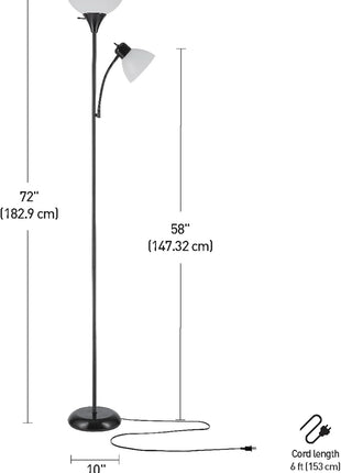 GLOBE Electric 67135 72 inch Torchiere Floor Lamp and Adjustable Reading Light, Matte Black, Frosted Shade, Dual Rotary Switch, 3-Step Dimming, Modern Lighting for Living Room or Office