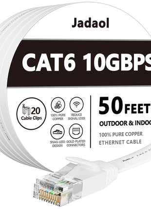 Jadaol Cat 6 Ethernet Cable 50 ft, Outdoor & Indoor 10Gbps Support Cat8 Cat7 Network, Flat RJ45 Internet LAN Computer Patch Cable for Router, Modem, Switch, Gaming Consoles, Streaming Devices, White