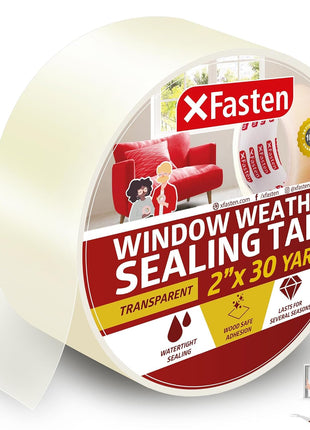 XFasten Transparent Window Weather Sealing Tape, 2-Inch x 30 Yards (50.8mm x 27.43m), Clear Window Draft Isolation Sealing Film Tape, No Residue