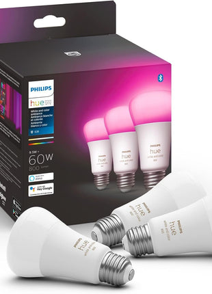 Philips Hue A19 LED Smart Light Bulb - White and Color Ambiance - 60W Indoor Light Bulb - Control with Hue App - Works with Alexa, Google Assistant and Apple Homekit - 3 Pack