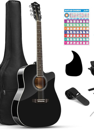 Moukey 41 inch Acoustic Guitar for Beginners Adult Teen Full Size Guitarra Acustica with Chord Poster, Gig Bag, Tuner,Steel Strings, Capo, Strap   Black