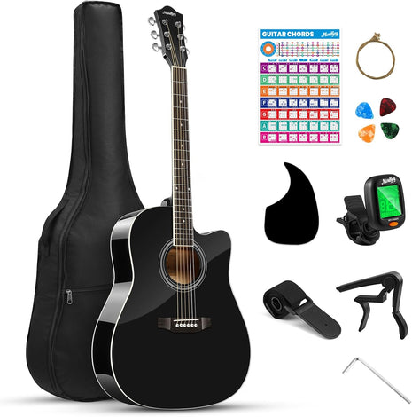 Moukey 41 inch Acoustic Guitar for Beginners Adult Teen Full Size Guitarra Acustica with Chord Poster, Gig Bag, Tuner,Steel Strings, Capo, Strap   Black