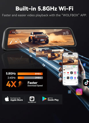 WOLFBOX G840S 12" 4K Mirror Dash Cam Backup Camera, 5.8GHz WiFi Smart Rearview Mirror for Cars & Trucks, Front and Rear View Dual Cameras, Night Vision, Parking Assistance, Included 32GB Card & GPS