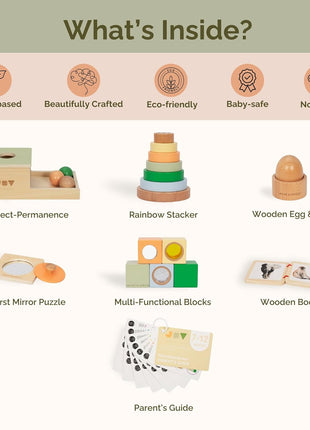 Jackie & Vancie Montessori Toy Set for Babies 7-12 Months Play Kit 6-in-1 Wooden Learning Toys with Object Permanence Box, Ring Stacker, Egg & Cup, Multipurpose Blocks and Mirror Puzzle