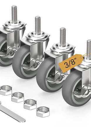 HOLKIE Caster Wheels 3 inch Locking Casters Set of 4, Threaded Stem 3/8 inch -16 x 1-1/2 inch (Diameter 3/8 inch, Length 1-1/2 inch) Swivel Heavy Duty Castors Gray