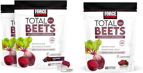 Force Factor Total Beets Soft Chews with Beetroot, Nitrates, L-Citrulline, Grapeseed Extract & Antioxidants, Healthy Energy Supplement, 120 Count 2-Pack & 60 Count