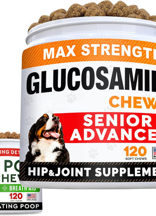 Senior Advanced Glucosamine Joint Supplement + No Poo Treats Bundle - Hip & Joint Pain Relief + Coprophagia Stool Eating Deterrent - Omega-3, Chondroitin, MSM + Probiotics & Digestive Enzymes - 240Ct