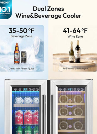 EUHOMY Wine and Beverage Refrigerator, 24 Inch Dual Zone Wine Cooler with Glass Door Hold 21 Bottles and 88 Cans, Built in or Under Counter Wine Fridge with Blue LED Light