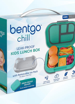 Bentgo Chill Kids 4-Compartment Bento Box Leakproof Lunch Box | Built-In Ice Pack, 3.3 Cup Capacity, BPA-Free, Microwave & Dishwasher Safe Tray, Ideal for Ages 3–7 (Green/Navy)