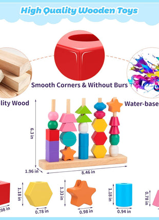 Montessori Wooden Beads Sequencing Toy Set, Stacking Blocks & Lacing Beads & Matching Shape Stacker, Montessori Toys for 3 4 5 Year Old STEM Preschool Learning Toys Gifts for Kids Boy Girl Toddler