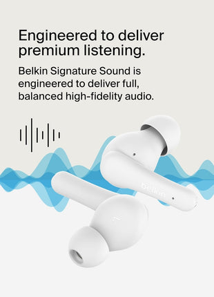 Belkin SoundForm Rhythm True Wireless Earbuds with Built-in Microphone, USB-C Fast Charging, 28H Battery Life, IPX5 Water Resistance - Bluetooth Earbuds for iPhone, iPad, Galaxy, Pixel, & More - White