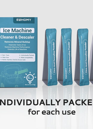 EUHOMY Ice Maker Cleaner & Descaler | 4 Use & Individually Packed | Ice Machine Cleaner with Organic Citric Acid Descaling Powder, Ideal for All Brands