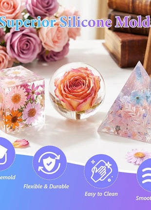 KISREL Resin Molds Kit 12PCS, Epoxy Resin Silicone Molds, Resin Mold Including Cube, Pen Container, Pyramid, Tray, Love, Round, Square, Ball, Flowerpot, Cuboid, Crystal