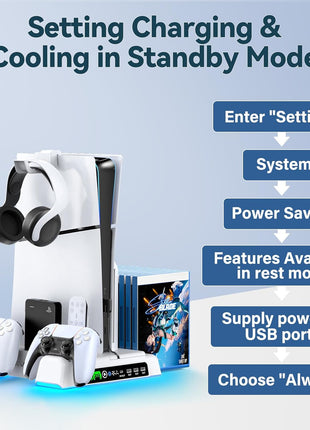 PS5/Slim/Pro Stand and Cooling Station with LED Controller Charging Station for PlayStation 5 Console, Controller Charger, Cooling Stand, PS5/Slim/Pro Accessories Kit with 3 Level Cooler Fan