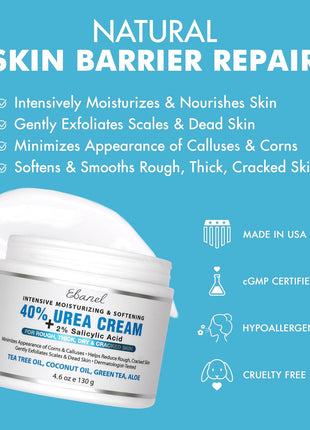 Ebanel Urea Cream 40% plus Salicylic Acid 2%, Foot Cream for Dry Cracked Heels Feet Knees Elbows Hands, Foot Dead Skin Cuticle Callus Remover Toenail Softener, Keratolytic Skin Barrier Repair