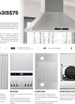 30 in. Lumin Coll 380 CFM Ducted Island Range Hood, LED, Stainless Steel | Cosmo COS-63ISS75 Soft Touch Controls, 3 Fan Speeds, Permanent Dishwasher-Safe Baffle Filters, Timer and Clock