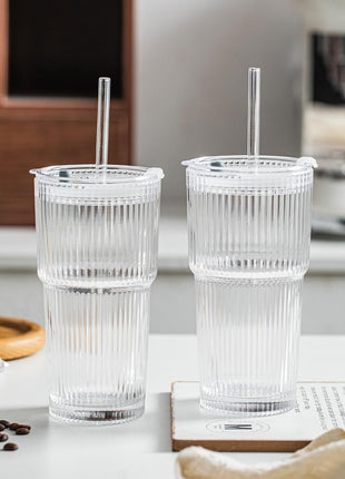 INSETLAN 20 oz Ribbed Glass Tumblers with Lids and Glass Straws – 4-Piece Glassware Set, Thickened Wall, Ideal for Iced Coffee, Smoothies, Cocktails, and Juices – Elegant and Durable Drinkware