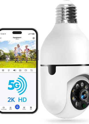 WESECUU Light Bulb Security Camera -5G& 2.4GHz WiFi 2K Security Cameras Wireless Outdoor Motion Detection and Alarm,Two-Way Talk,Color Night Vision,Human Detection, Bulb Camera Compatible with Alexa