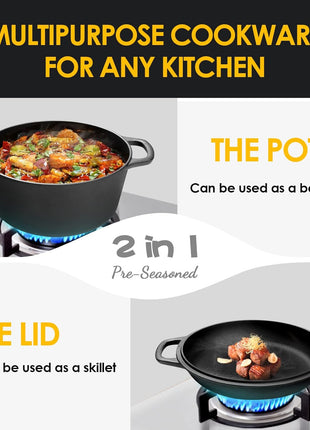 EDGING CASTING 2-in-1 Pre-Seasoned Cast Iron Dutch Oven Pot with Skillet Lid Cooking Pan, Cast Iron Skillet Cookware Pan Set with Dual Handles, Indoor Outdoor for Bread/Frying/Baking/Camping/BBQ, 5 Qt