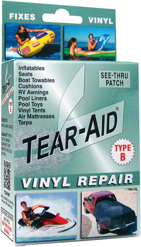 TEAR-AID Vinyl Repair Kit, Type B Clear Patch for Vinyl-Coated Materials, Works on Tents, Awnings, Air Matresses, Pool Liners and More, Green Box, Single Pack
