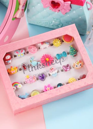PinkSheep Little Girl Jewel Rings in Box | Adjustable,No Duplication, Girl Pretend Play and Dress Up Rings,Birthday Christmas Gift
