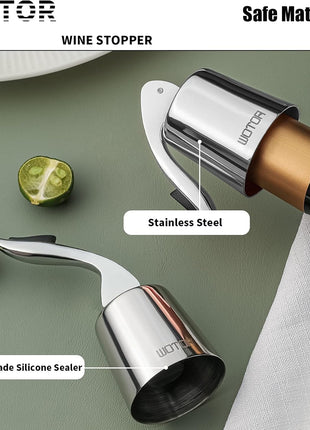 WOTOR Stainless Steel Wine Bottle Stoppers with Silicone   Reusable Wine Saver and Decorative Bottle Sealer, Leakproof, Keep Fresh, Silver, 2 Pack