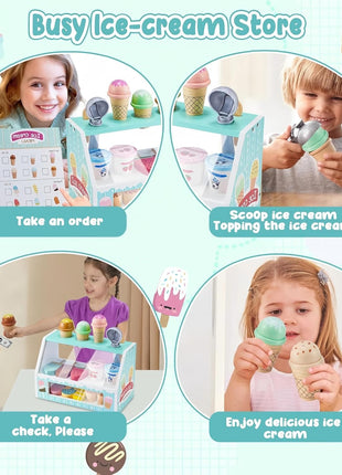WHOHOLL Wooden Ice Cream Counter Playset for Toddler Girl Toys, Play Store Pretend Toy Food Play Kitchen Accessories with Fake Money & Coin, Christmas Birthday Gifts for 3+ Year Old Kids (Green)