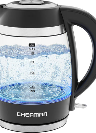 Chefman Electric Kettle, 1.8L 1500W, Hot Water Boiler, Removable Lid for Easy Cleaning, Auto Shut Off, Boil Dry Protection, Stainless Steel Filter, BPA Free, Borosilicate Glass Electric Tea Kettle