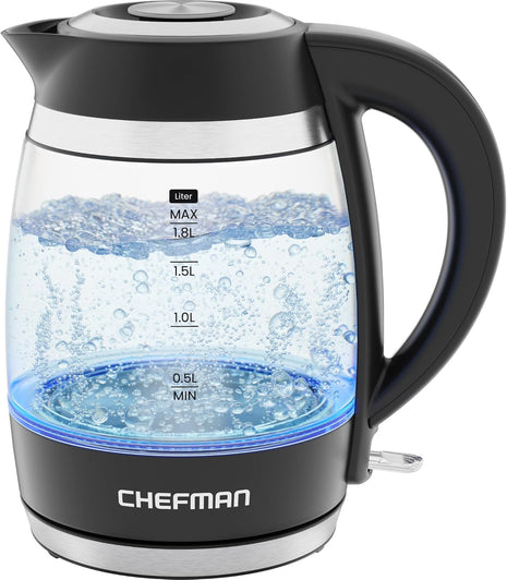 Chefman Electric Kettle, 1.8L 1500W, Hot Water Boiler, Removable Lid for Easy Cleaning, Auto Shut Off, Boil Dry Protection, Stainless Steel Filter, BPA Free, Borosilicate Glass Electric Tea Kettle