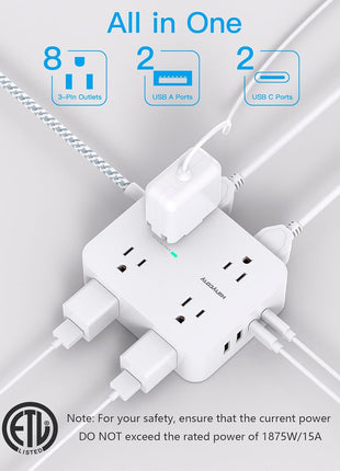 Surge Protector Power Strip - HANYCONY 8 Outlets 4 USB (2 USB C) Charging Ports, Multi Plug Outlet Extender, 5Ft Braided Extension Cord, Flat Plug Wall Mount Desk Charging Station for Home Office ETL
