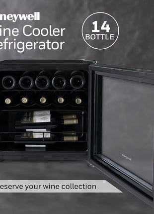 Honeywell 14 Bottle Compressor Wine Cooler Refrigerator, Compact Wine Cellar For Red, White, Champagne or Sparkling Wine, Digital Temperature Control, Glass Door