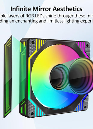PANO-MOUNTS 120mm Infinity Mirror ARGB Fan 5V 3Pin Addressable RGB PWM PC Computer CPU Case Cooling Fan 600-1800RPM Black 3-Pack