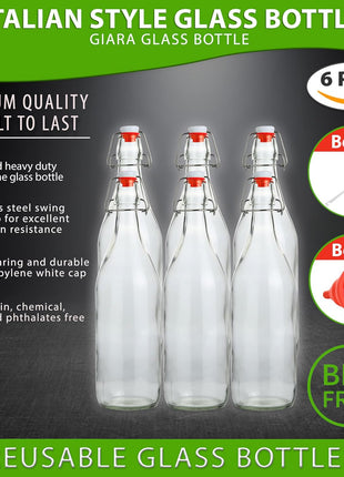 Flip Top Glass Bottle [1 Liter / 33 fl. oz.] [Pack of 6] – Swing Brewing with Stopper for Beverages, Oil, Vinegar, Kombucha, Beer, Water, Soda, Kefir Airtight Lid & Leak Proof Cap Clear