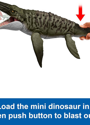 Mattel Jurassic World Rebirth Bite N Blast Mosasaurus & Mini Dinosaur | Wide Jawed Dinosaur Toy, Movie Accurate and Posable, Includes Mini Dilophosaurus, Digital Play Via Scannable App Code