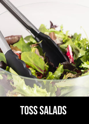 GORILLA GRIP Stainless Steel Heat Resistant Kitchen Tongs for Cooking, Set of 2 BBQ Tong, Non Scratch Silicone Tip for Pans, Strong Grip, Grab Food, Toss Salad, Air Fryer, Pull Lock, 7 + 9 Inch, Black
