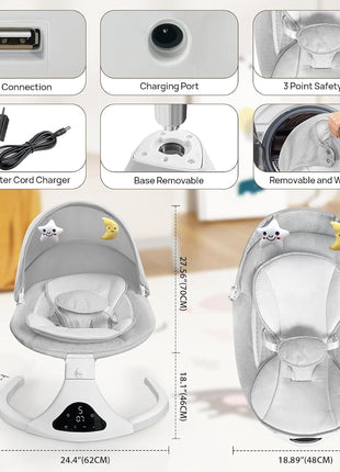 Electric Baby Swing with Remote Control,5 Speeds&Portable&Cozy(0-12M,Grey) | Safety lock&secure harness,12 melodies&Bluetooth,8/15/30min timer,lightweight indoor/outdoor,soft washable seat,easy assembly