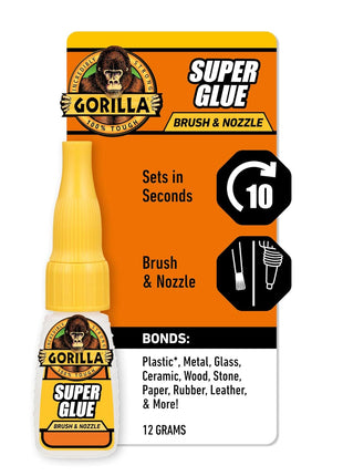 Gorilla Super Glue with Brush & Nozzle Applicator, Clear Glue, 12 Gram (Pack of 1) - All Purpose and Fast Setting for Projects and Repairs