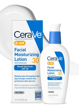 CeraVe AM Oil Face Moisturizer Lotion, Sunscreen for Face, SPF 30, 3oz | Skin Care with Hyaluronic Acid & Niacinamide, Oil-Free Moisturizer For Men & Women, Daily Non-Comedogenic Face Sunscreen