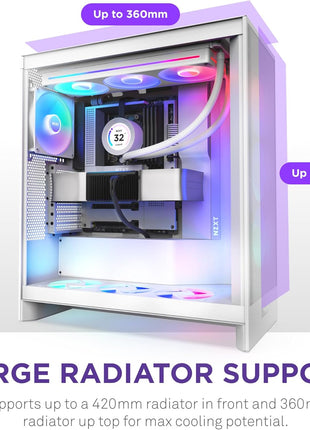 NZXT H7 Flow RGB - Mid-Tower ATX Airflow PC Case - White | Airflow ATX build with pre-installed 360mm RGB fan unit. Bottom GPU cooling and CAM-ready lighting out of the box.