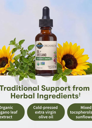 Garden of Life Organics Oil of Oregano Seasonal Drops 1fl oz (30 mL) Liquid, Concentrated Plant Based Immune Support - Alcohol-Free, Organic, Non-GMO, Vegan & Gluten Free Herbal Supplements