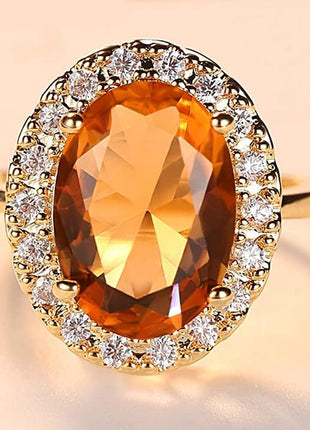 GUIDECUN Golden Tone Oval Shaped Champagne CZ & Round Clear Cubic Zirconia Halo Cocktails Engagement Ring for Woman (US Size 7)