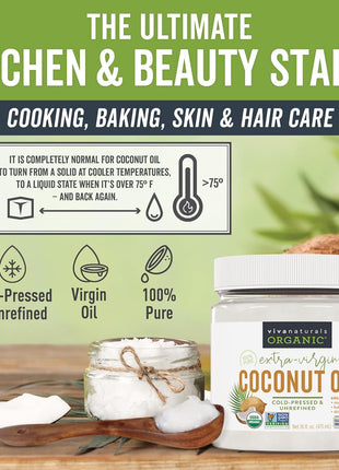 Viva Naturals Organic Coconut Oil, 16 fl oz – Unrefined, Cold-Pressed Extra Virgin Coconut Oil, USDA Organic & Non-GMO, Natural Cooking Oil, Hair Oil & Skin Oil