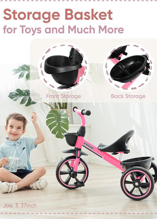 KRIDDO Toddler Tricycle for Toddlers Age 2-5, Tool-Free Trike | Tricycles for 3-5 Year Olds, Pink, Easy to Assemble, 2 Year Old Girl Birthday Gift, Outdoor Toys
