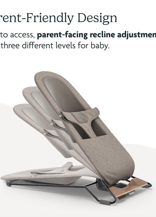 UPPAbaby Mira Bouncer/Portable 2-in-1 Bouncer + Seat Grows With Your Baby/GREENGuardÂ® Gold, JPMA + FSCÂ® certified/Cozy Seat Liner + Storage Bag Included/Charlie (Sand MÃ©lange/Black Chrome/Walnut Wood)